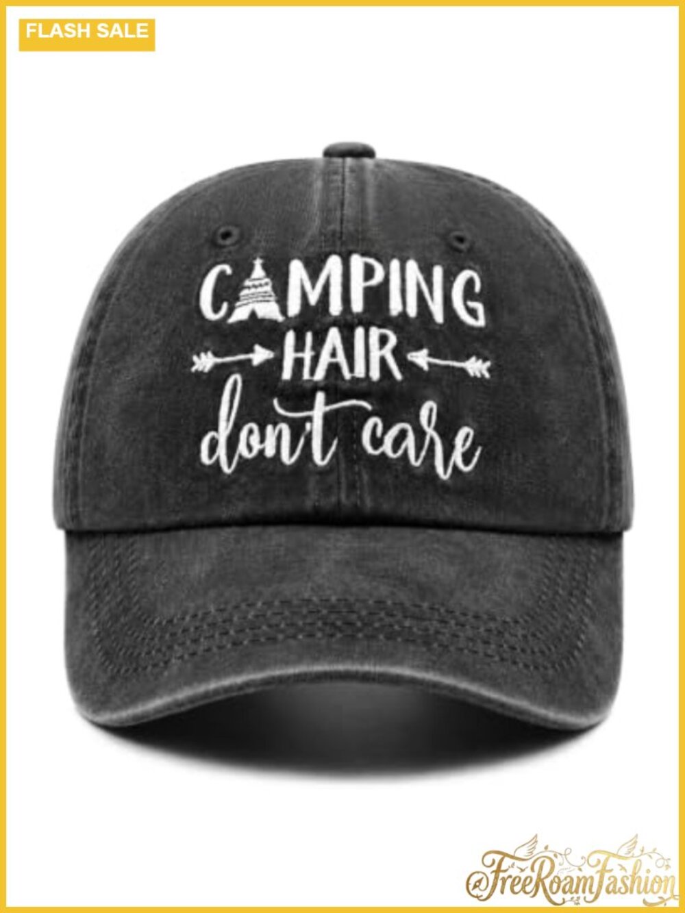 Embroidered Camping Hair Don't Care Hat Adjustable Washed Baseball Cap